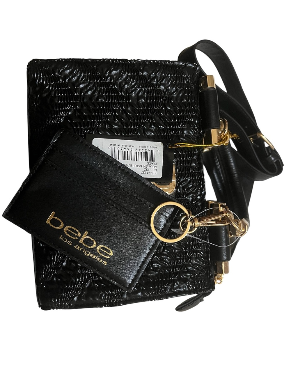 bebe Black Woven Look Crossbody with Gold Chain Accent